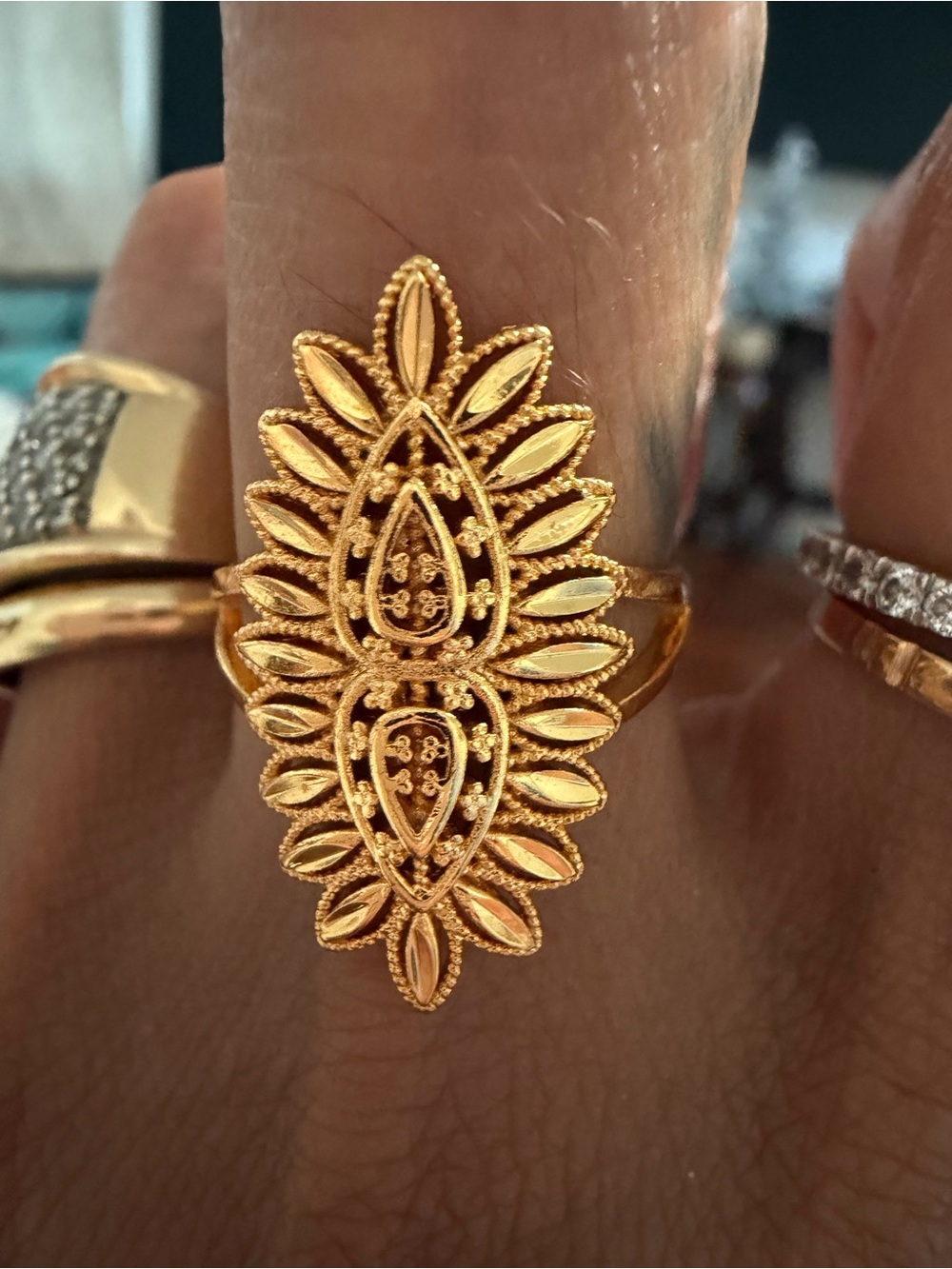 Gold Filigree Leaf Elongated Statement Ring - Women Jewelry